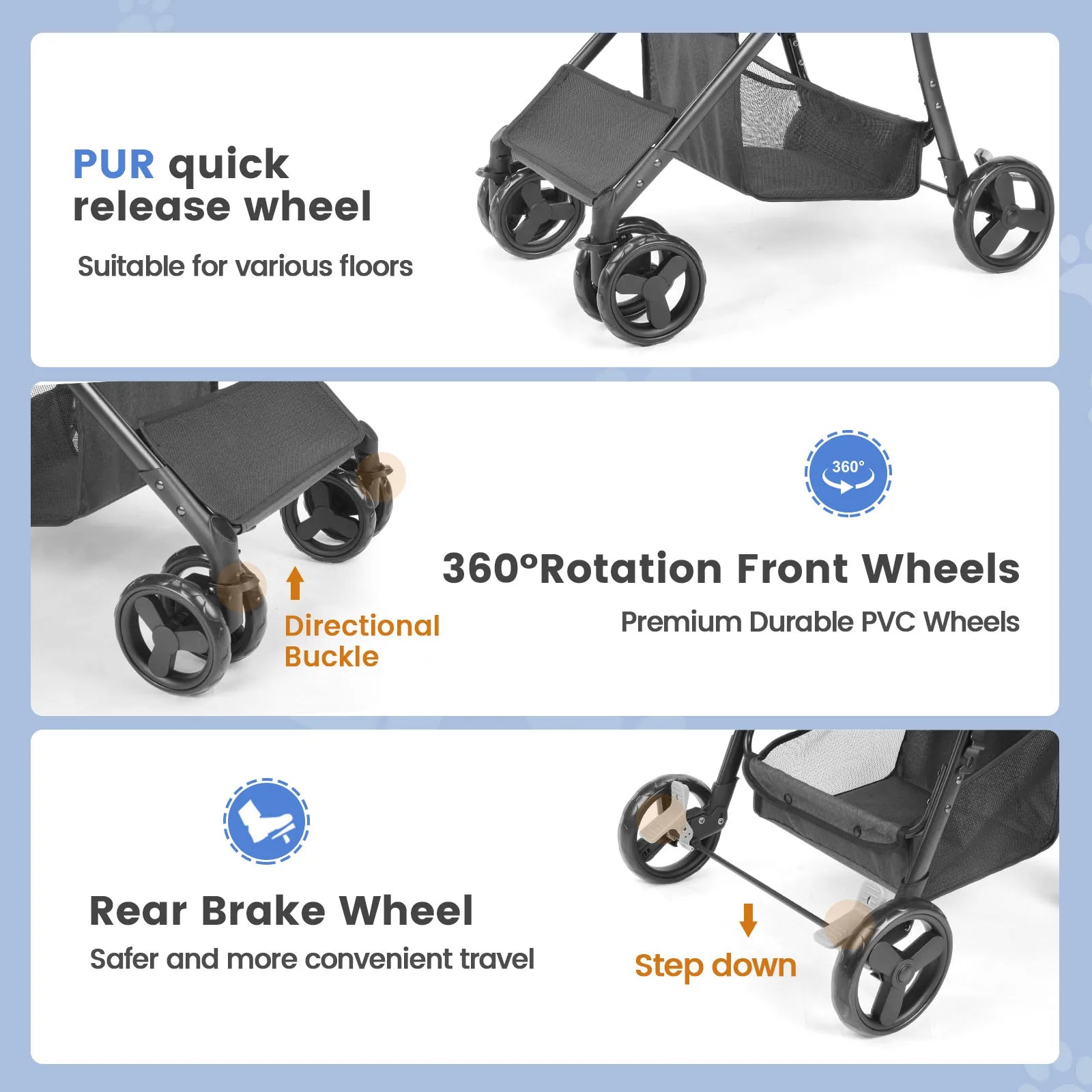 Pet Stroller 360 Rotate with Brakes