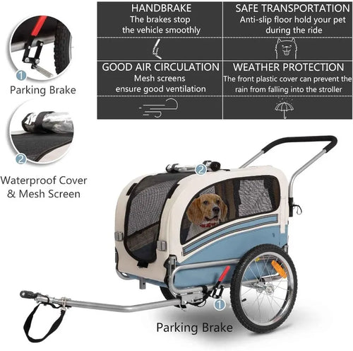 2 in1 Pet Bicycle Trailer with a 6" Stroller Wheel Suitable for Small and Medium Dogs Carrier Up to 66/88 LBS Easy Folding Cart