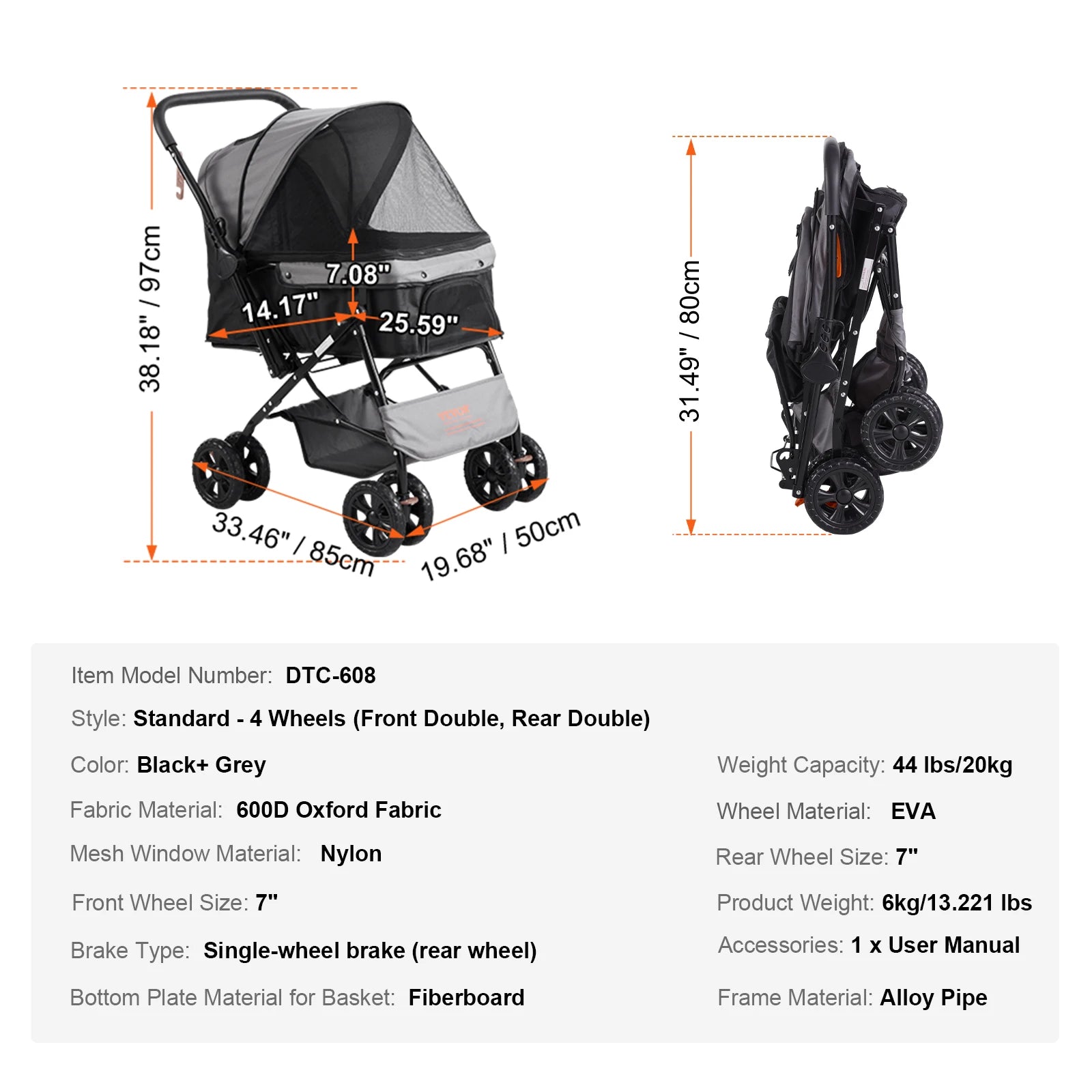Lightweight Pet Stroller  Rotate with Brakes Pet Pad Cup Holder